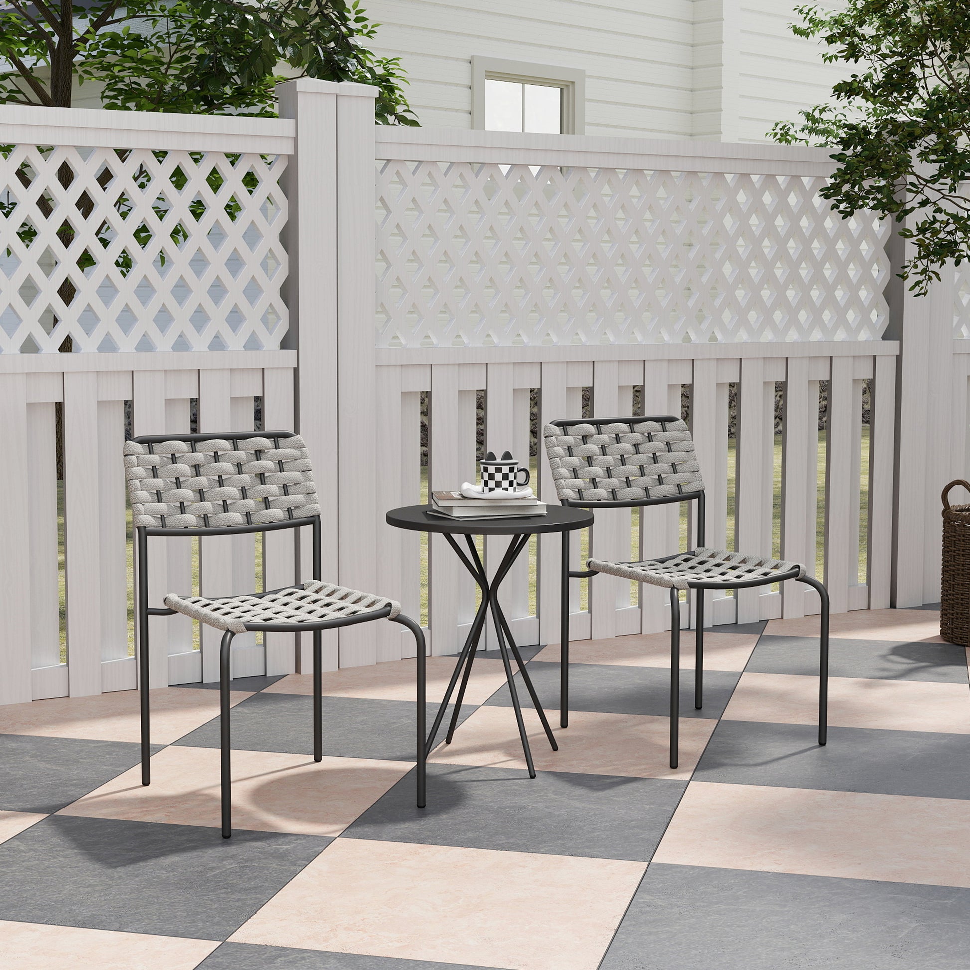 Poly Rattan Garden Furniture Set, Outdoor Lounge Balcony Furniture for 2 Persons, 3-Piece Seating Group with 2 Stackable Chairs, Table, Weatherproof Garden Lounge for Garden, Terrace, Balcony, Gray