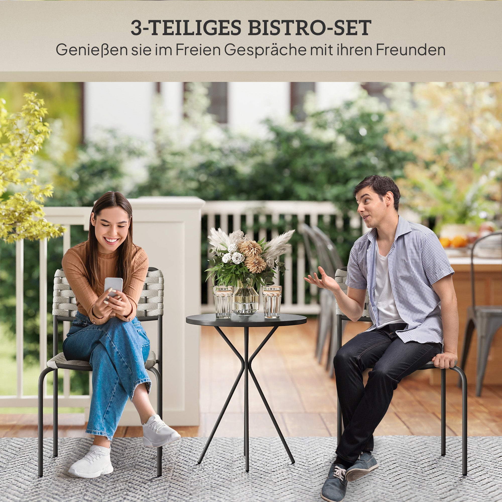 Poly Rattan Garden Furniture Set, Outdoor Lounge Balcony Furniture for 2 Persons, 3-Piece Seating Group with 2 Stackable Chairs, Table, Weatherproof Garden Lounge for Garden, Terrace, Balcony, Gray