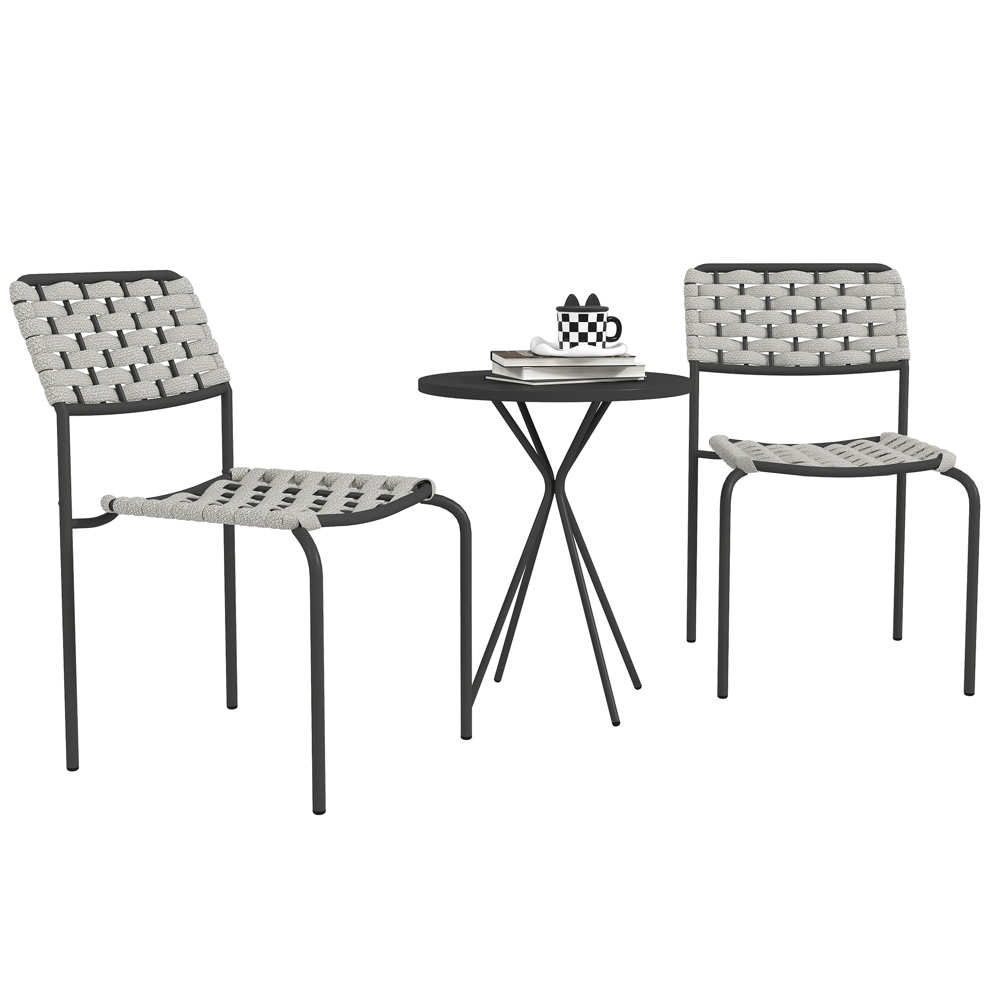 Poly Rattan Garden Furniture Set, Outdoor Lounge Balcony Furniture for 2 Persons, 3-Piece Seating Group with 2 Stackable Chairs, Table, Weatherproof Garden Lounge for Garden, Terrace, Balcony, Gray