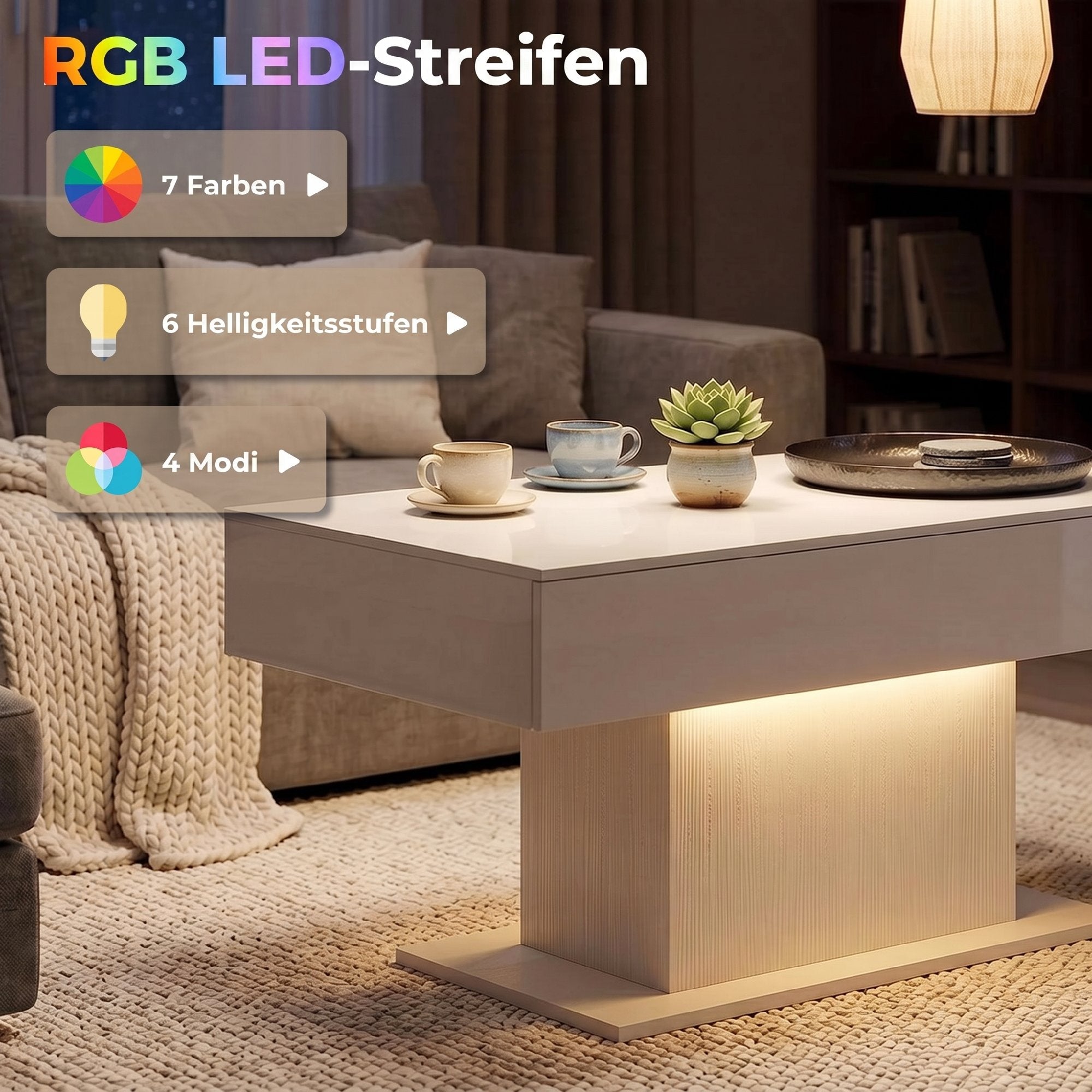 High-Gloss Coffee Table with LED Lighting, Modern Side Table with 2 Drawers, Remote-Controlled, 108 x 48 x 55 cm (42.5 x 18.9 x 21.7 in) – White
