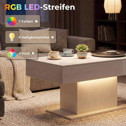 High-Gloss Coffee Table with LED Lighting, Modern Side Table with 2 Drawers, Remote-Controlled, 108 x 48 x 55 cm (42.5 x 18.9 x 21.7 in) – White