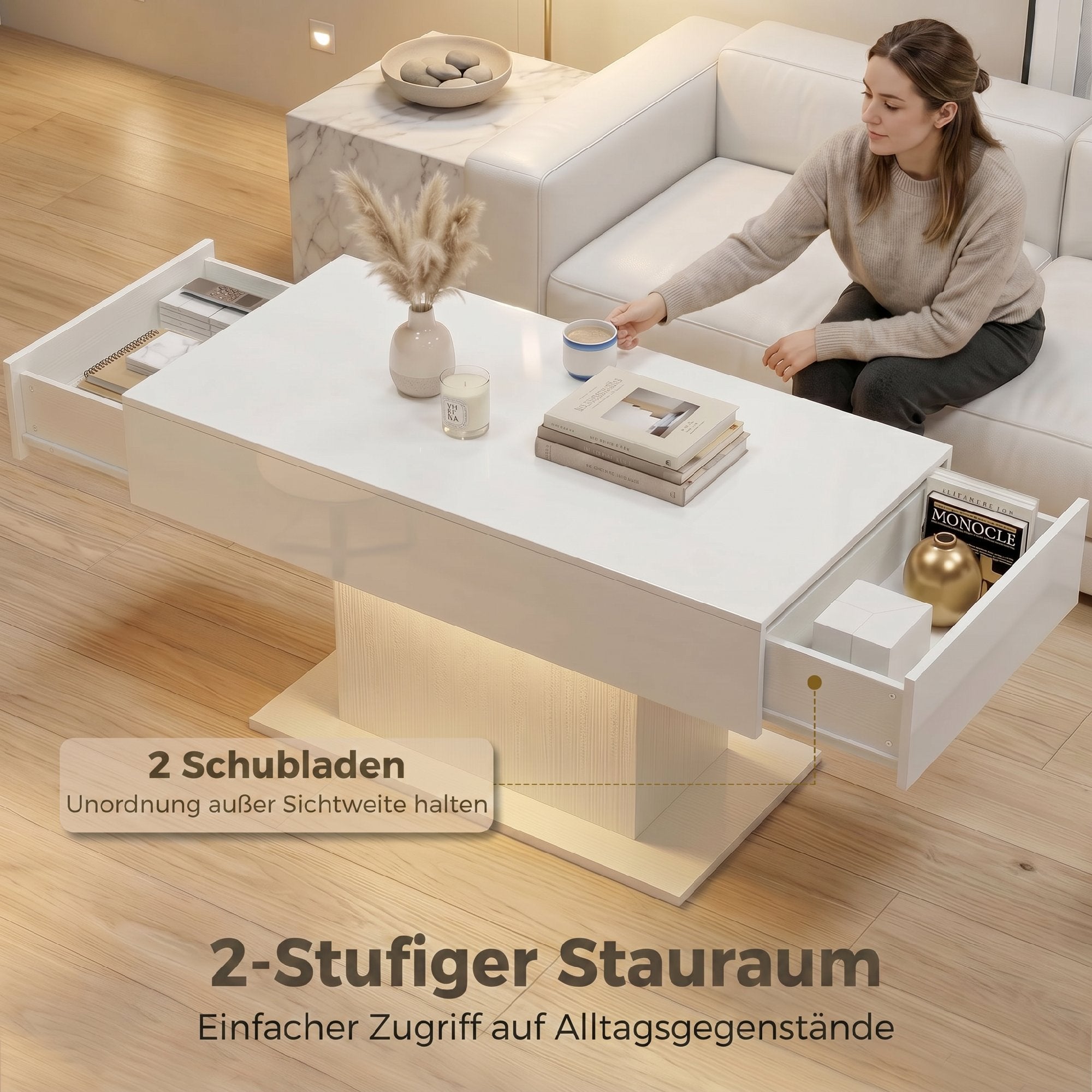 High-Gloss Coffee Table with LED Lighting, Modern Side Table with 2 Drawers, Remote-Controlled, 108 x 48 x 55 cm (42.5 x 18.9 x 21.7 in) – White
