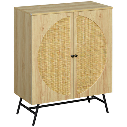 High Buffet Storage Cabinet with Wood and Wicker Design 2 Doors - 80 x 39 x 101.8 cm Natural