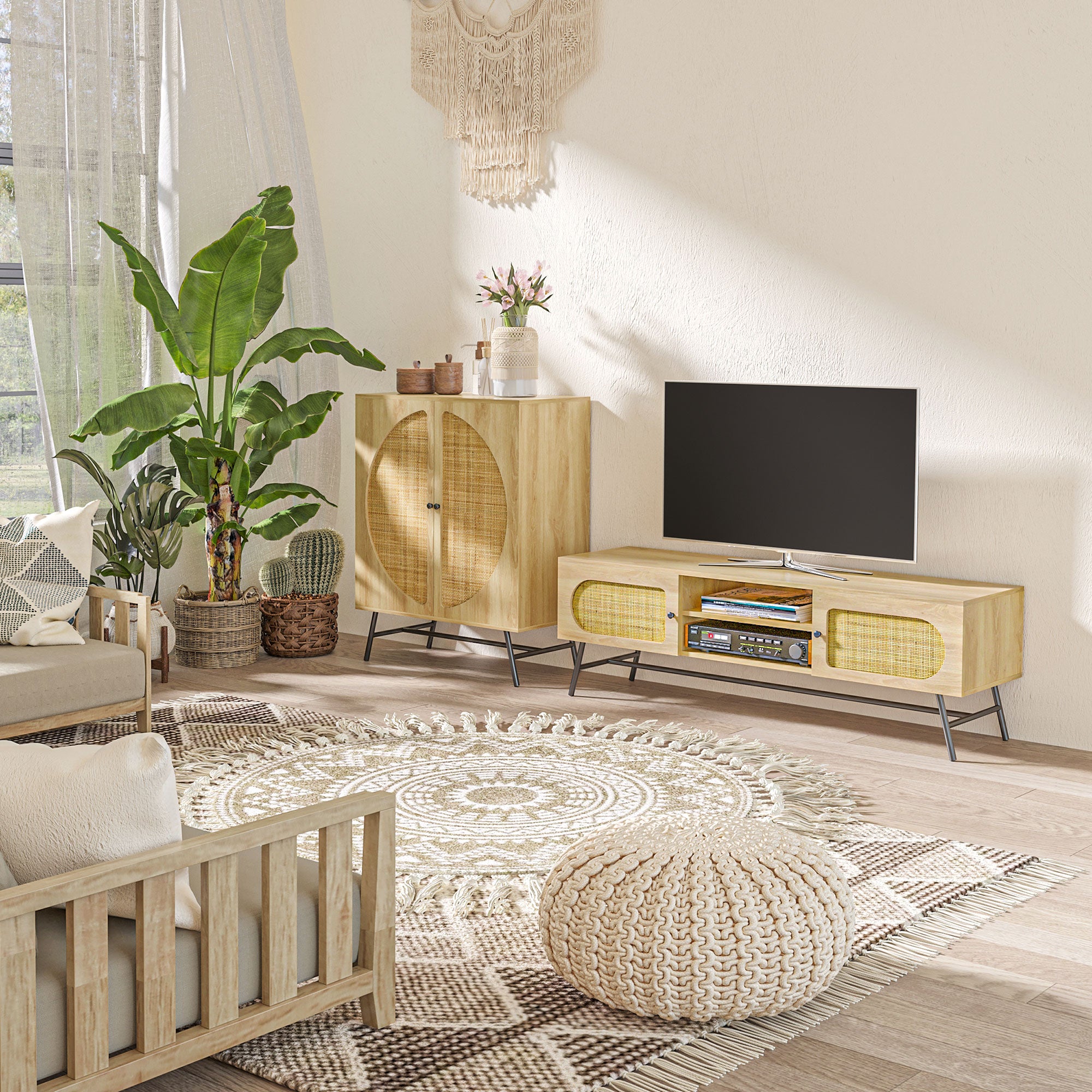 High Buffet Storage Cabinet with Wood and Wicker Design 2 Doors - 80 x 39 x 101.8 cm Natural