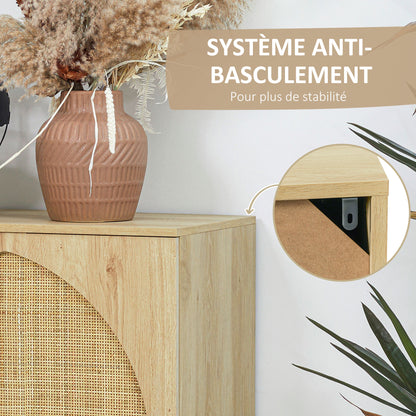 High Buffet Storage Cabinet with Wood and Wicker Design 2 Doors - 80 x 39 x 101.8 cm Natural