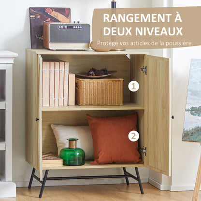 High Buffet Storage Cabinet with Wood and Wicker Design 2 Doors - 80 x 39 x 101.8 cm Natural