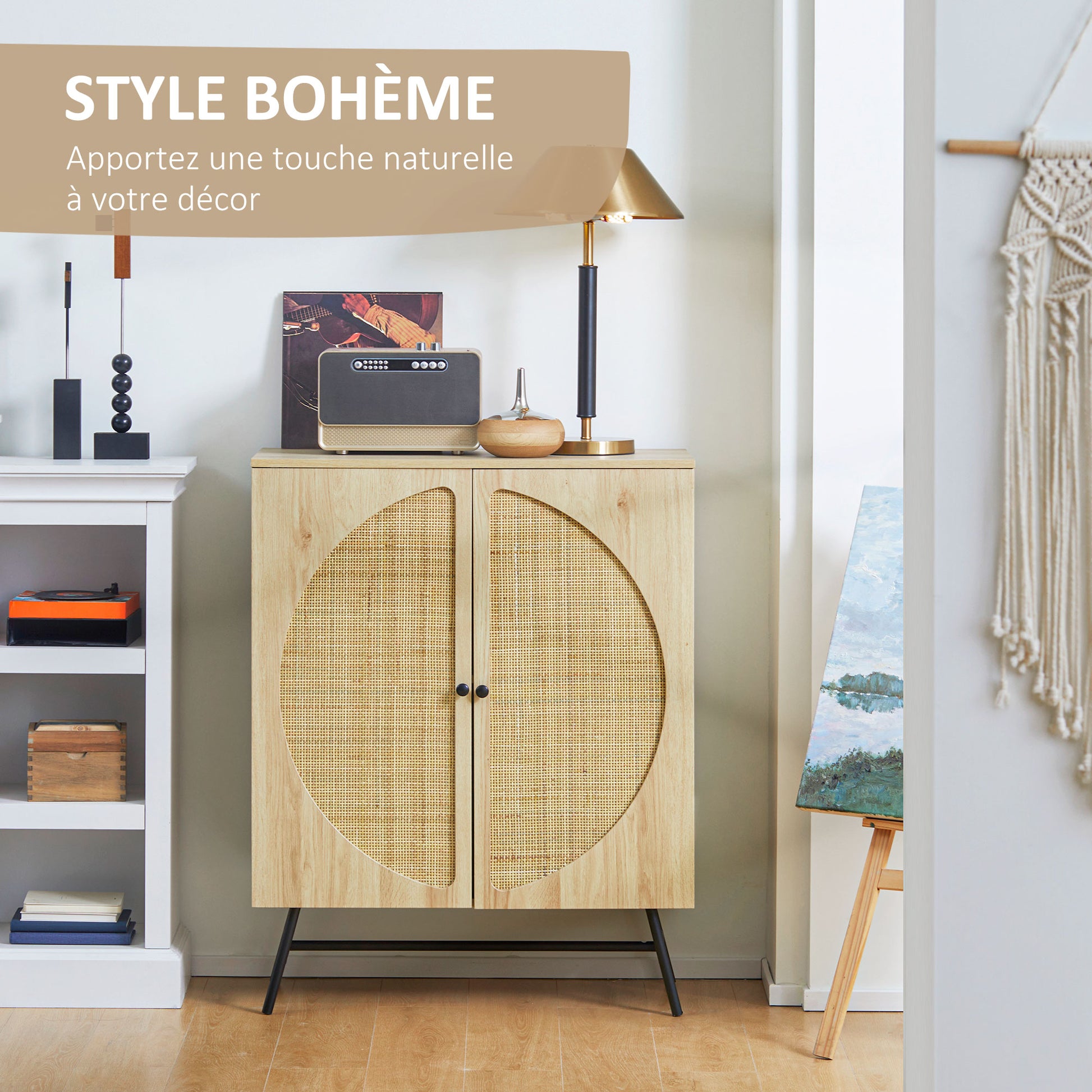 High Buffet Storage Cabinet with Wood and Wicker Design 2 Doors - 80 x 39 x 101.8 cm Natural