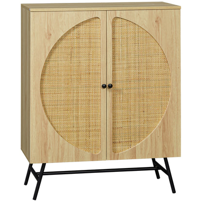 High Buffet Storage Cabinet with Wood and Wicker Design 2 Doors - 80 x 39 x 101.8 cm Natural