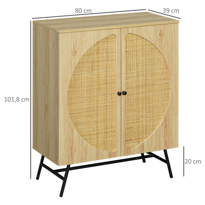 High Buffet Storage Cabinet with Wood and Wicker Design 2 Doors - 80 x 39 x 101.8 cm Natural