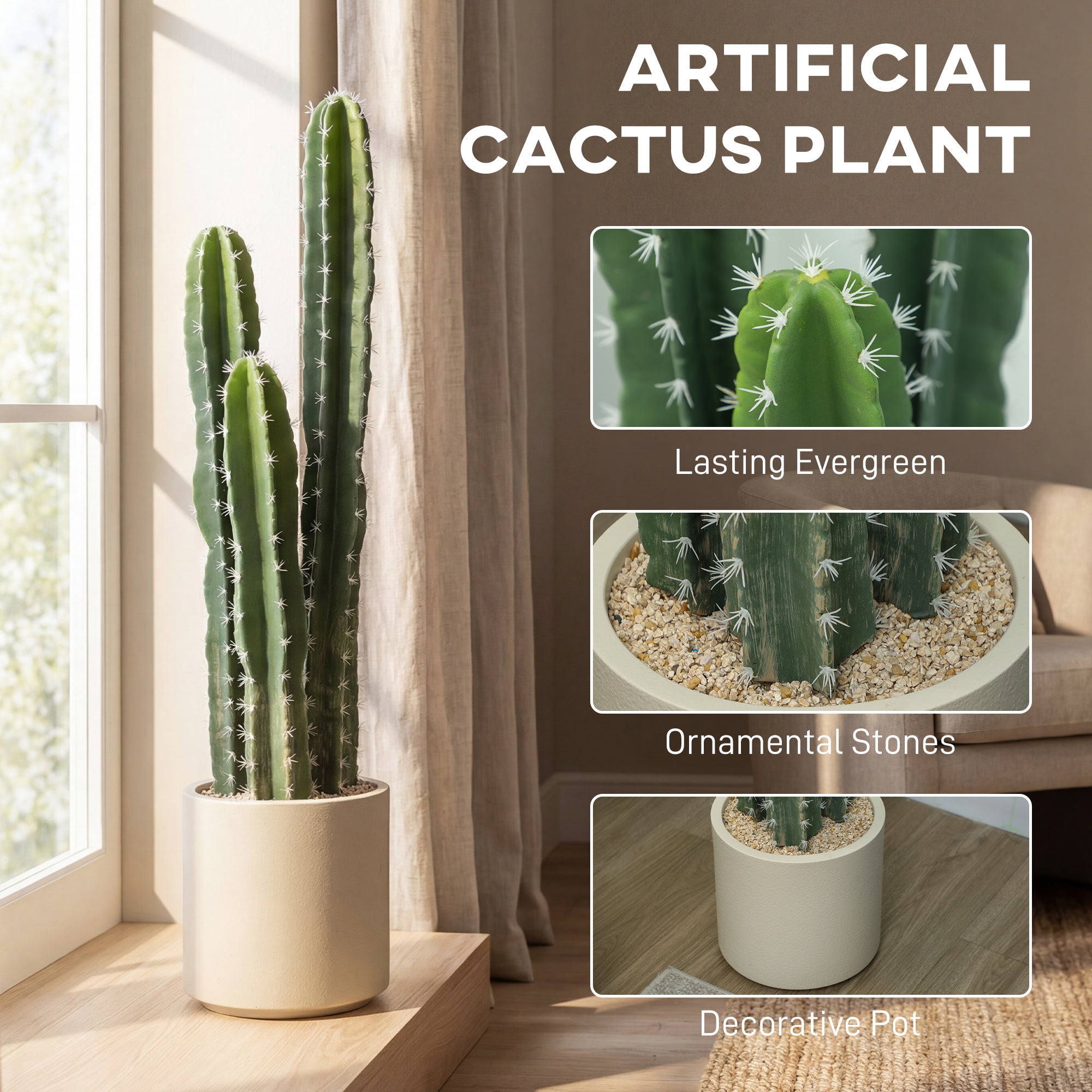 Artificial Potted Cactus, 95 cm (37.4 in) Real-Look 3-Branch Plant for Home & Office Decor