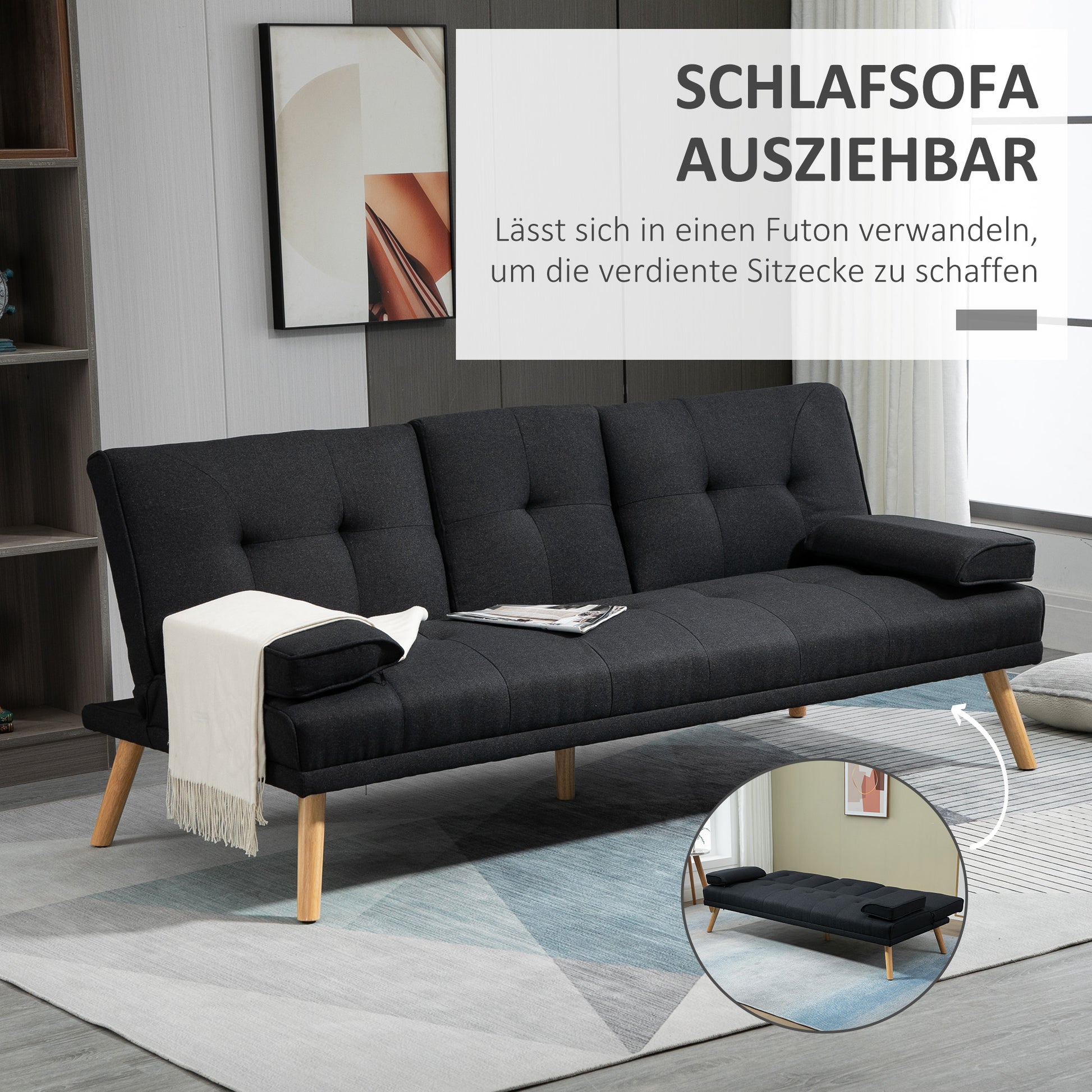Sleeper Sofa, 3-Seater Sleeper Couch with Folding Table, Cup Holder, Sofa Bed with Linen Look, in Scandinavian Design, up to 250 kg Load Capacity, for Living Room, Grey