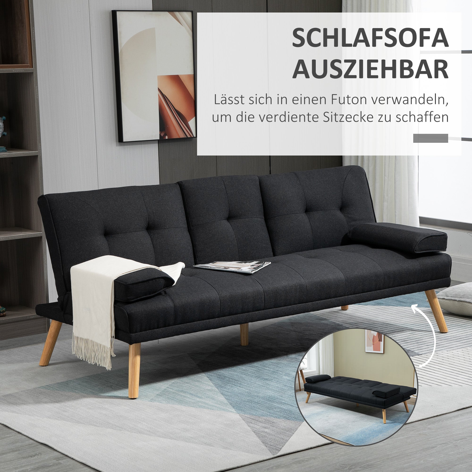 Sleeper Sofa, 3-Seater Sleeper Couch with Folding Table, Cup Holder, Sofa Bed with Linen Look, in Scandinavian Design, up to 250 kg Load Capacity, for Living Room, Grey