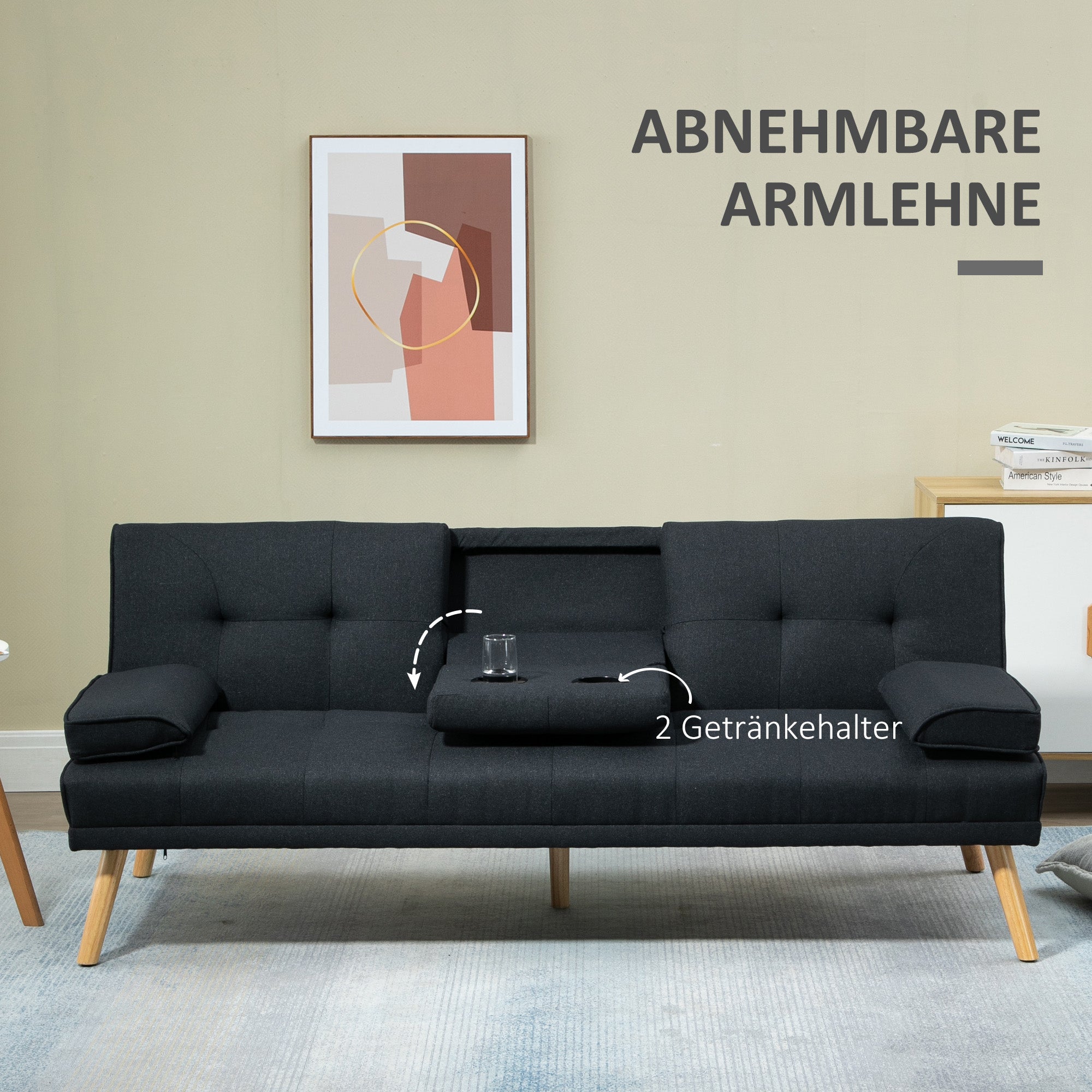 Sleeper Sofa, 3-Seater Sleeper Couch with Folding Table, Cup Holder, Sofa Bed with Linen Look, in Scandinavian Design, up to 250 kg Load Capacity, for Living Room, Grey