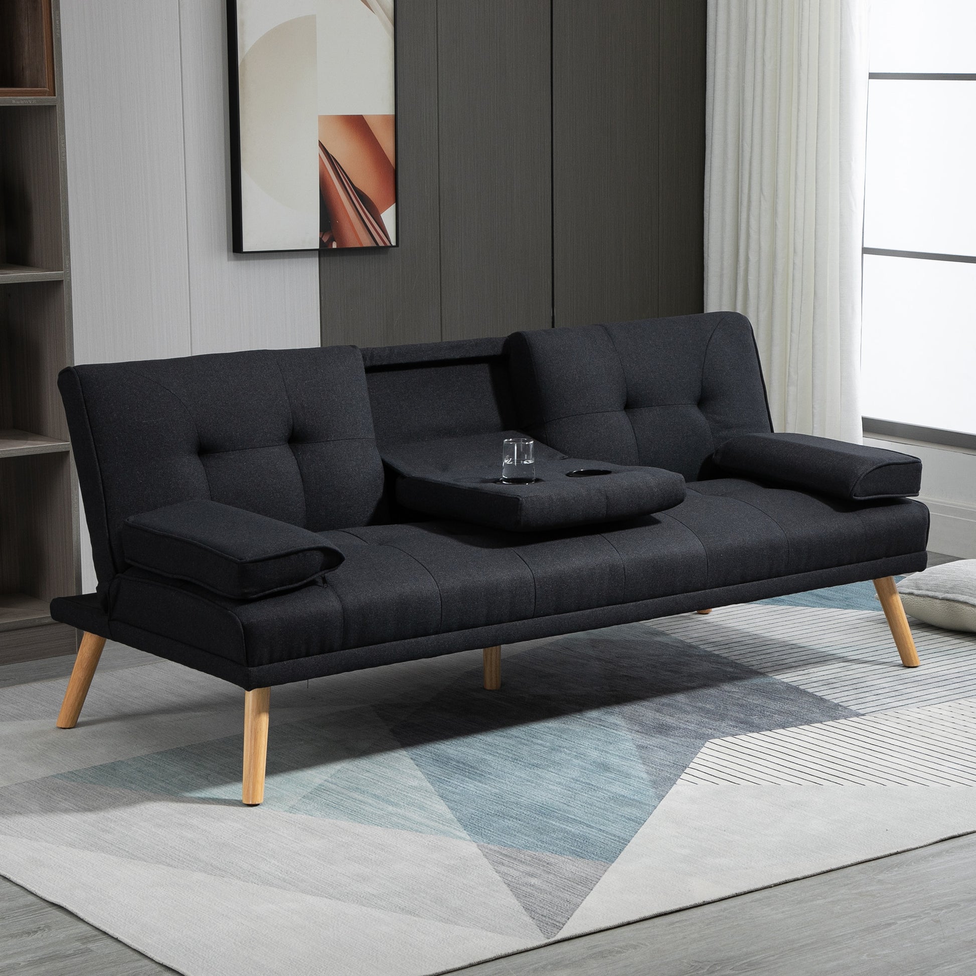 Sleeper Sofa, 3-Seater Sleeper Couch with Folding Table, Cup Holder, Sofa Bed with Linen Look, in Scandinavian Design, up to 250 kg Load Capacity, for Living Room, Grey