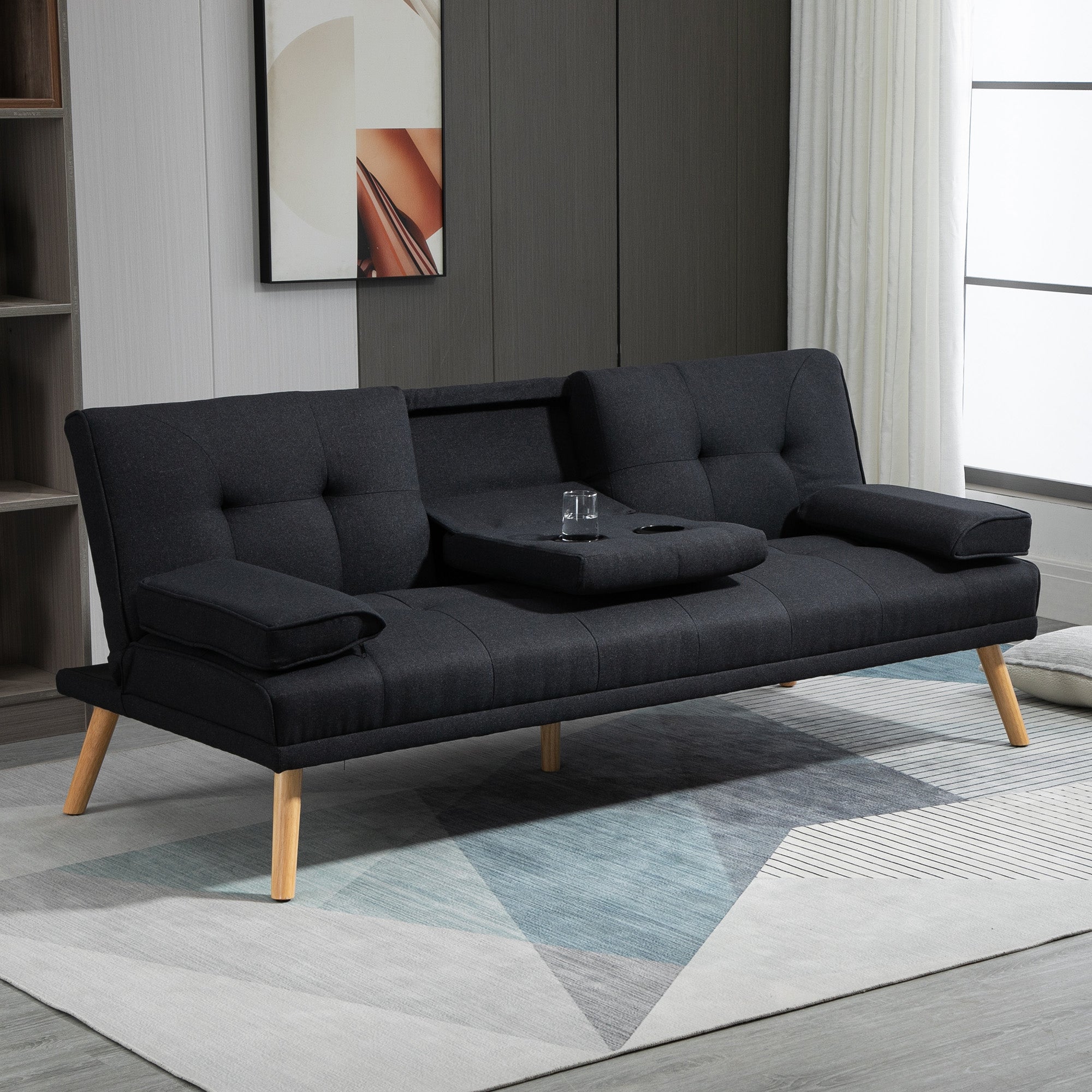 Sleeper Sofa, 3-Seater Sleeper Couch with Folding Table, Cup Holder, Sofa Bed with Linen Look, in Scandinavian Design, up to 250 kg Load Capacity, for Living Room, Grey