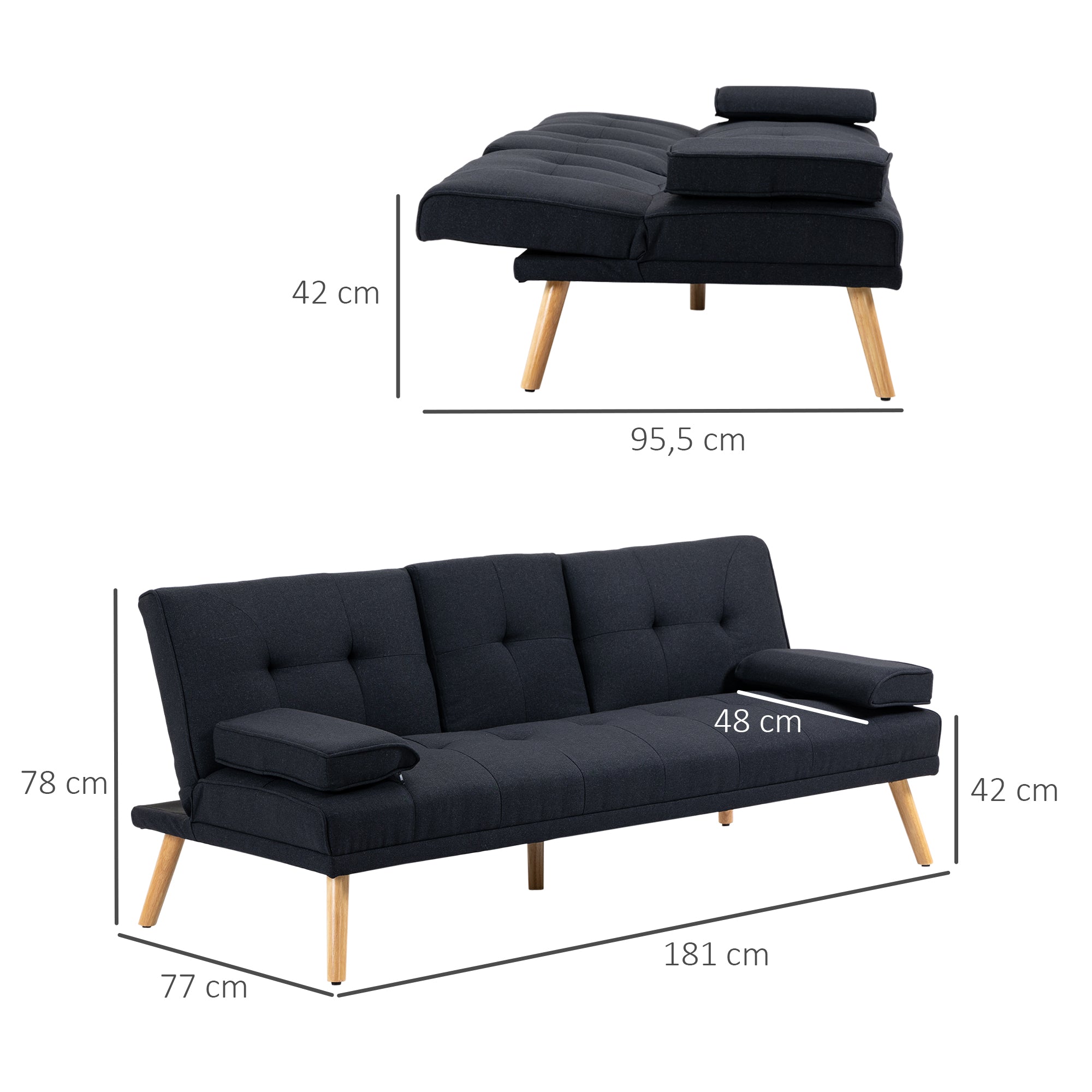 Sleeper Sofa, 3-Seater Sleeper Couch with Folding Table, Cup Holder, Sofa Bed with Linen Look, in Scandinavian Design, up to 250 kg Load Capacity, for Living Room, Grey