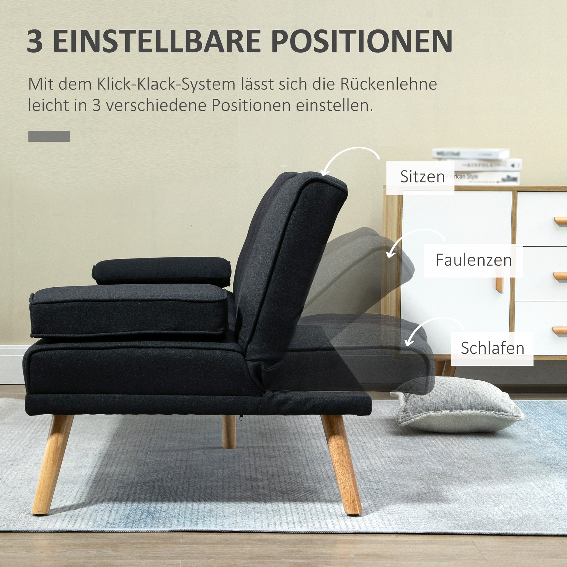 Sleeper Sofa, 3-Seater Sleeper Couch with Folding Table, Cup Holder, Sofa Bed with Linen Look, in Scandinavian Design, up to 250 kg Load Capacity, for Living Room, Grey