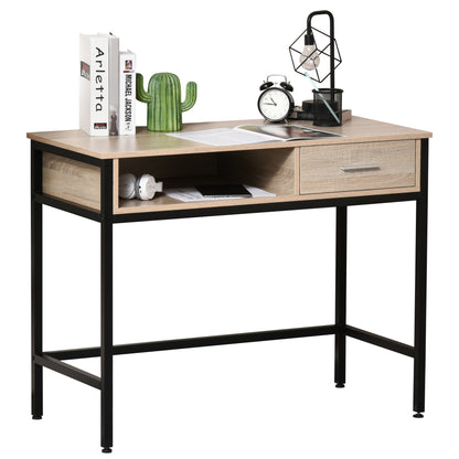 Industrial Desk with Storage Computer Desk with Drawer Metal Frame Black Oak Wood Desktop