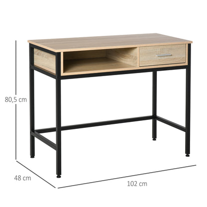 Industrial Desk with Storage Computer Desk with Drawer Metal Frame Black Oak Wood Desktop