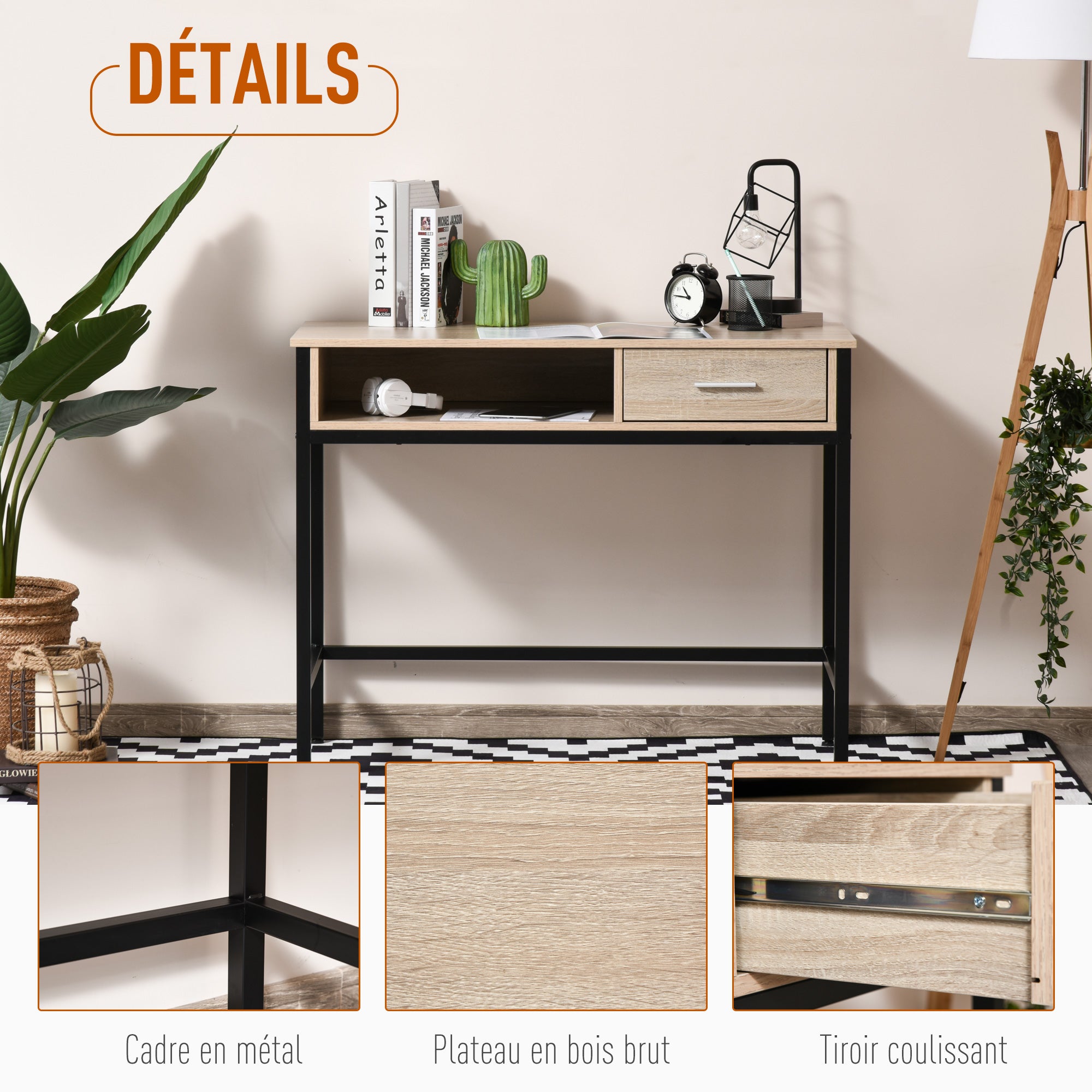 Industrial Desk with Storage Computer Desk with Drawer Metal Frame Black Oak Wood Desktop