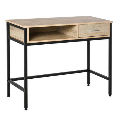 Industrial Desk with Storage Computer Desk with Drawer Metal Frame Black Oak Wood Desktop