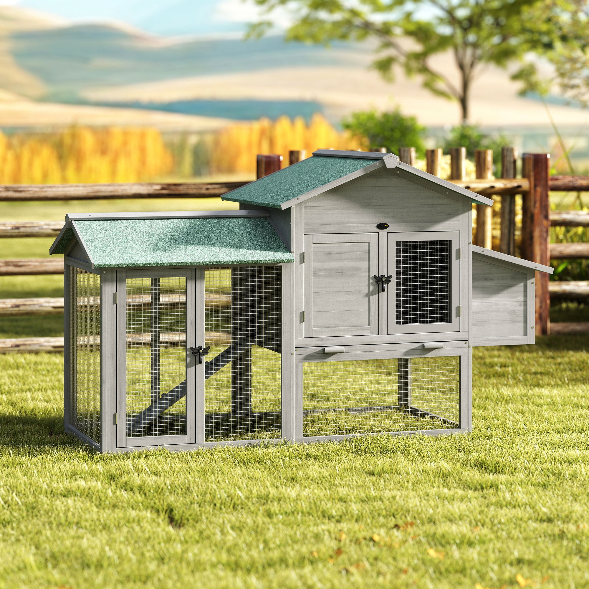 Wooden Chicken Coop with Run, 168 x 75 x 103 cm (66.1 x 29.5 x 40.6 in) — Nest Box, Ramp & Pull-Out Tray, Asphalt Roof — Gray/Green, Fits 2–4 Chickens