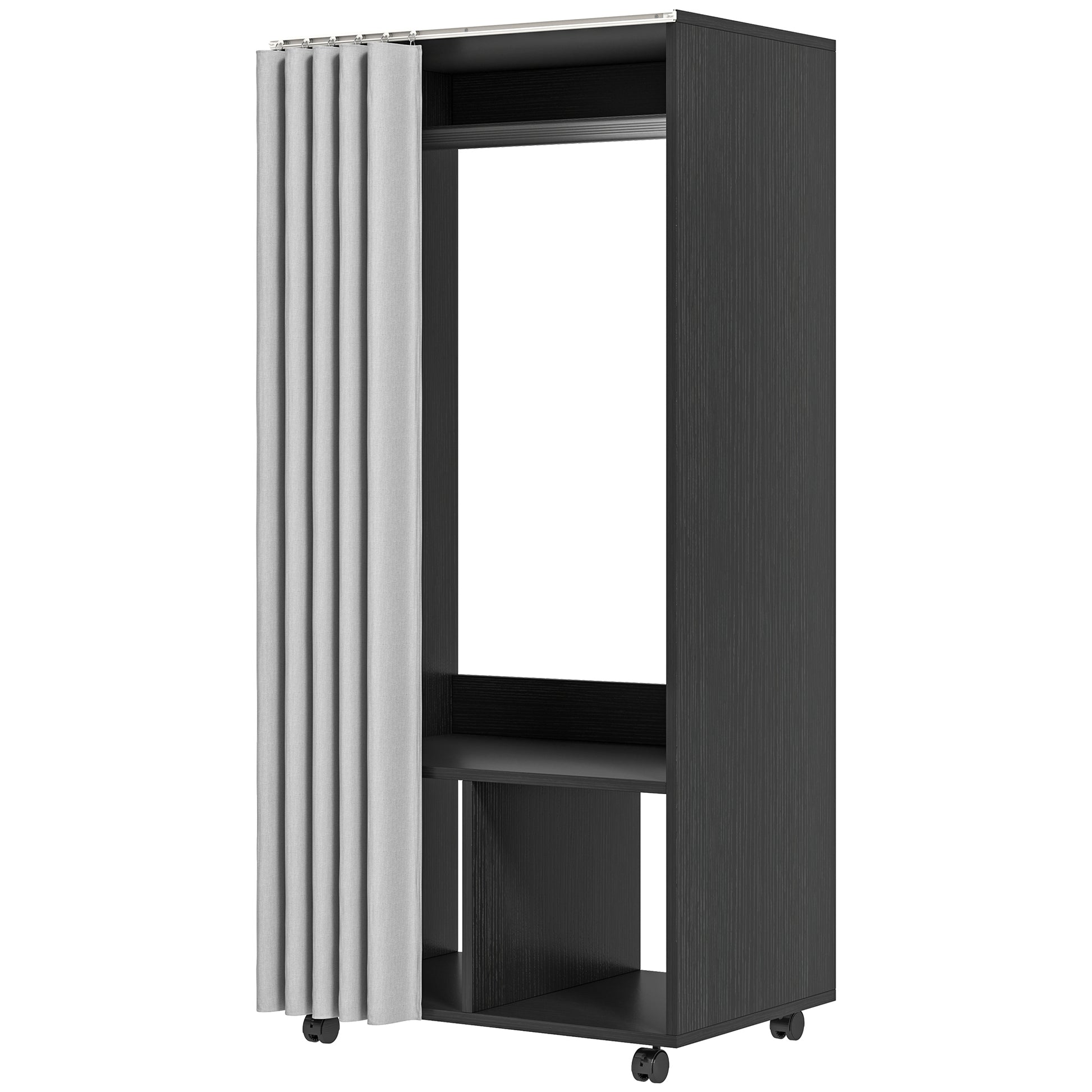 Mobile Wardrobe Dressing with Curtain Storage Wardrobe 4 Rolling Wheels with Hanging Rod and Shelves, Rolling Garment Rack for Bedroom, 60 x 40 x 128 cm, Black