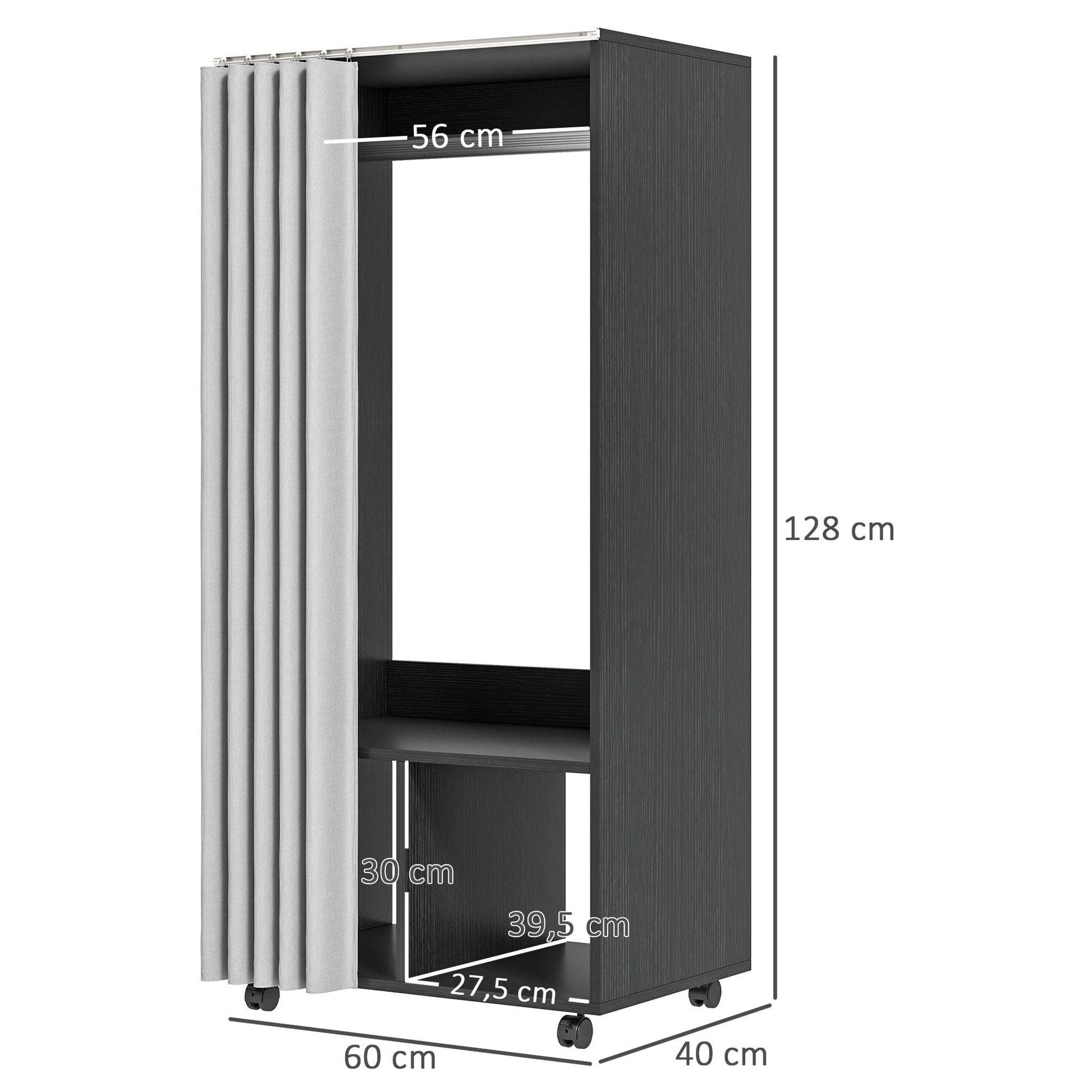 Mobile Wardrobe Dressing with Curtain Storage Wardrobe 4 Rolling Wheels with Hanging Rod and Shelves, Rolling Garment Rack for Bedroom, 60 x 40 x 128 cm, Black