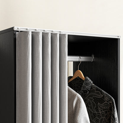 Mobile Wardrobe Dressing with Curtain Storage Wardrobe 4 Rolling Wheels with Hanging Rod and Shelves, Rolling Garment Rack for Bedroom, 60 x 40 x 128 cm, Black