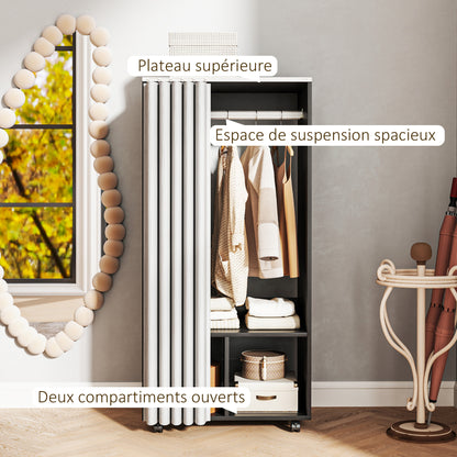 Mobile Wardrobe Dressing with Curtain Storage Wardrobe 4 Rolling Wheels with Hanging Rod and Shelves, Rolling Garment Rack for Bedroom, 60 x 40 x 128 cm, Black