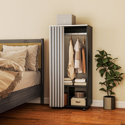 Mobile Wardrobe Dressing with Curtain Storage Wardrobe 4 Rolling Wheels with Hanging Rod and Shelves, Rolling Garment Rack for Bedroom, 60 x 40 x 128 cm, Black