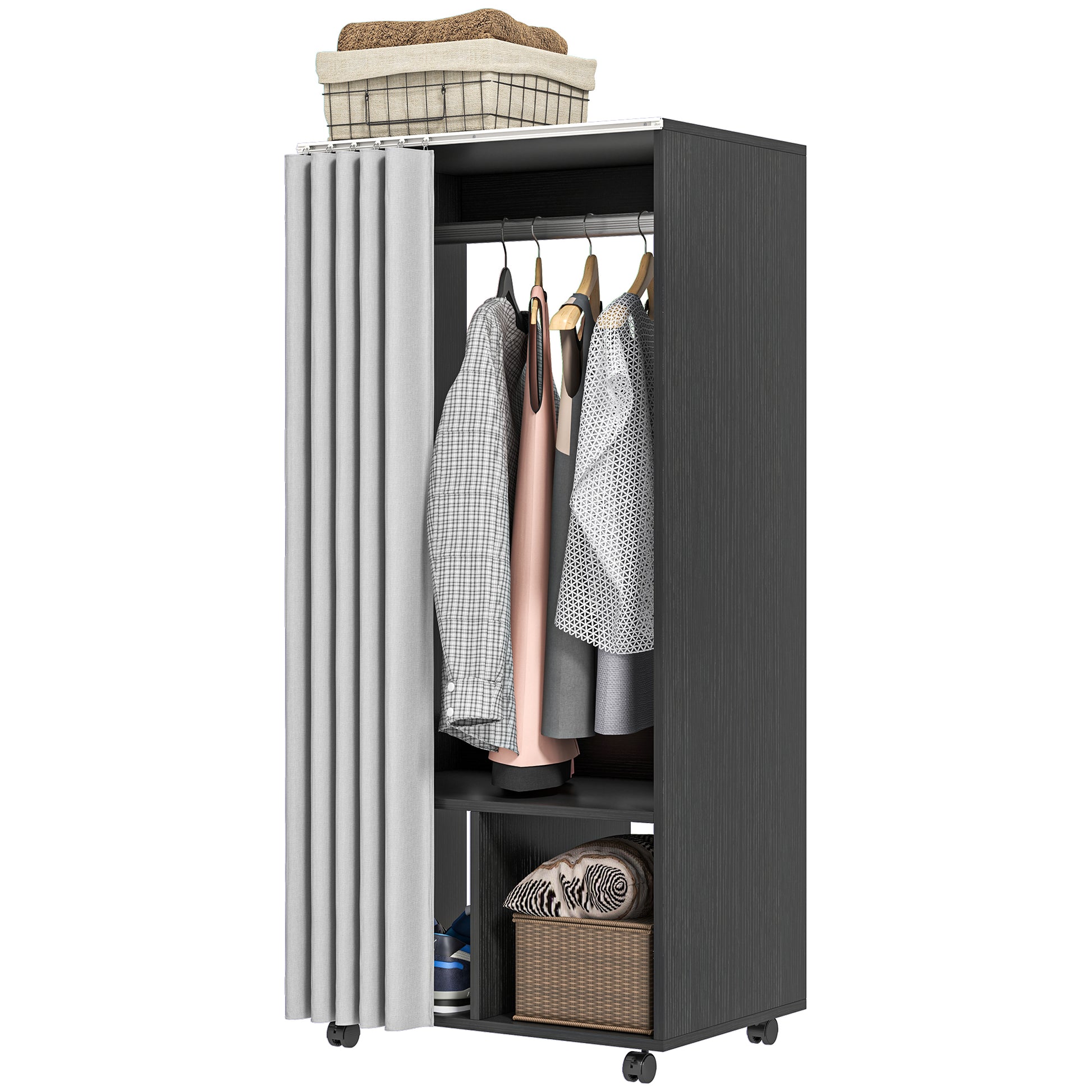 Mobile Wardrobe Dressing with Curtain Storage Wardrobe 4 Rolling Wheels with Hanging Rod and Shelves, Rolling Garment Rack for Bedroom, 60 x 40 x 128 cm, Black