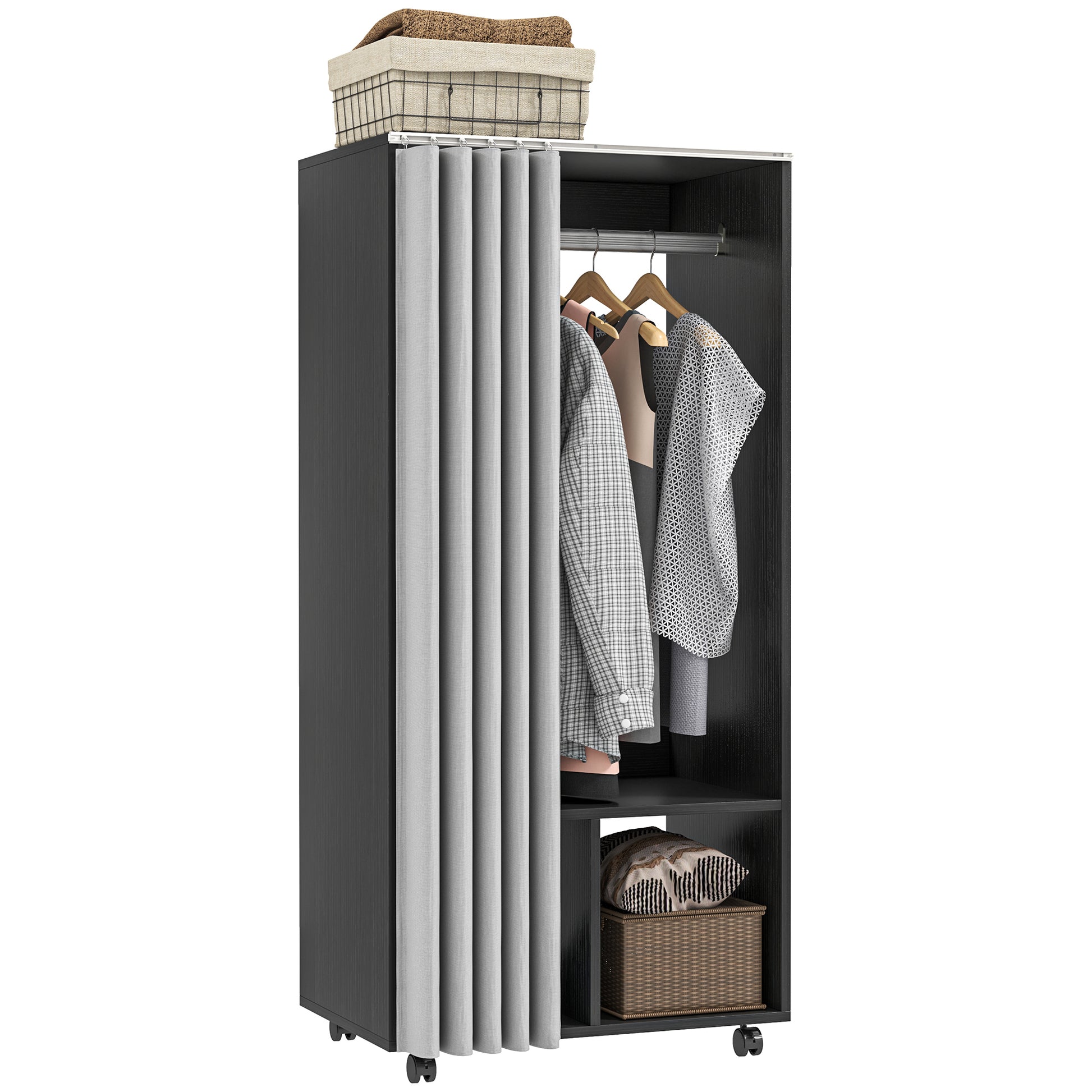 Mobile Wardrobe Dressing with Curtain Storage Wardrobe 4 Rolling Wheels with Hanging Rod and Shelves, Rolling Garment Rack for Bedroom, 60 x 40 x 128 cm, Black