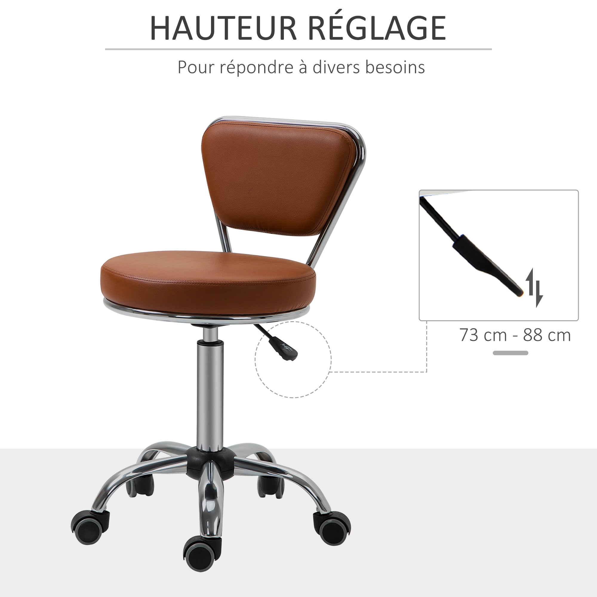 Vintage Massage Stool - swivel work stool 360° - adjustable seat height 49-64 cm - brown synthetic coating chrome metal