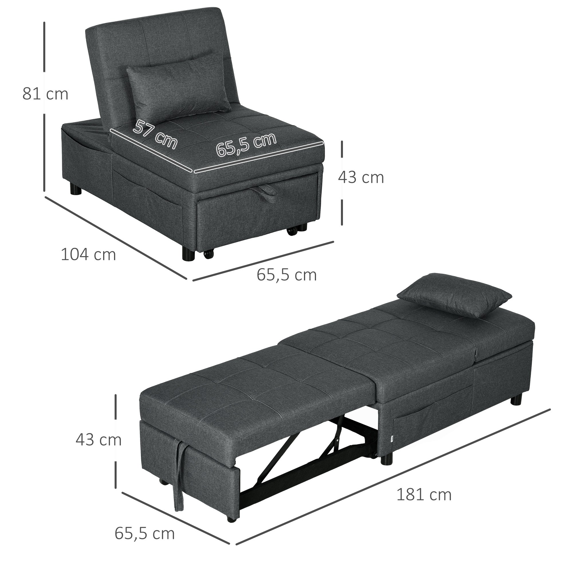 3-in-1 Convertible Single Armchair — Recliner, Ottoman & Single Sofa Bed, Adjustable Back, Padded Seat and Pillow, Gray