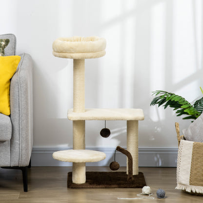 Cat Scratching Tree with Sisal Post, Perch, and Play Balls, in Particleboard and Plush, 44x38x81 cm, Beige