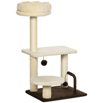 Cat Scratching Tree with Sisal Post, Perch, and Play Balls, in Particleboard and Plush, 44x38x81 cm, Beige