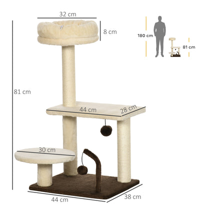 Cat Scratching Tree with Sisal Post, Perch, and Play Balls, in Particleboard and Plush, 44x38x81 cm, Beige