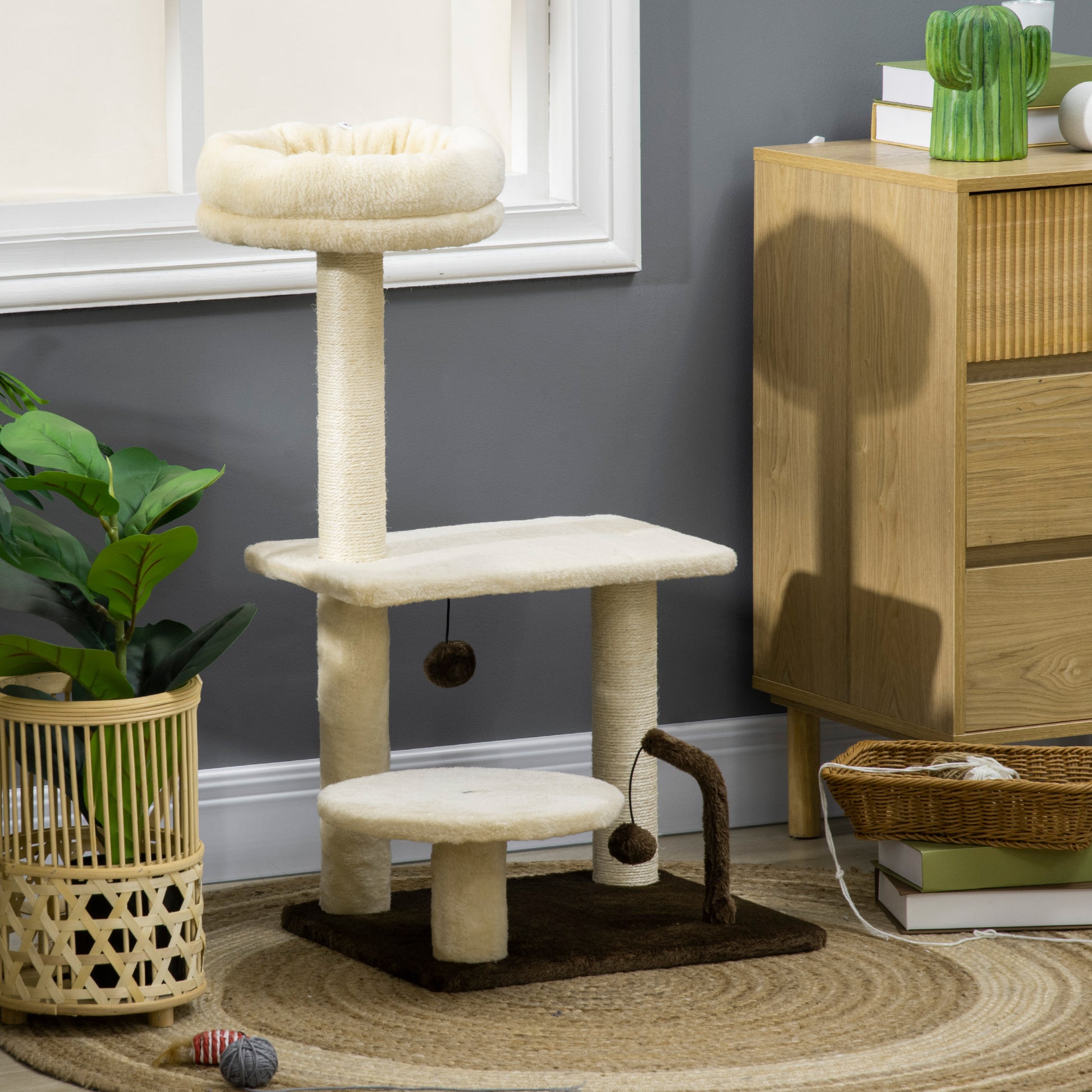 Cat Scratching Tree with Sisal Post, Perch, and Play Balls, in Particleboard and Plush, 44x38x81 cm, Beige