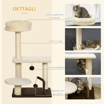 Cat Scratching Tree with Sisal Post, Perch, and Play Balls, in Particleboard and Plush, 44x38x81 cm, Beige