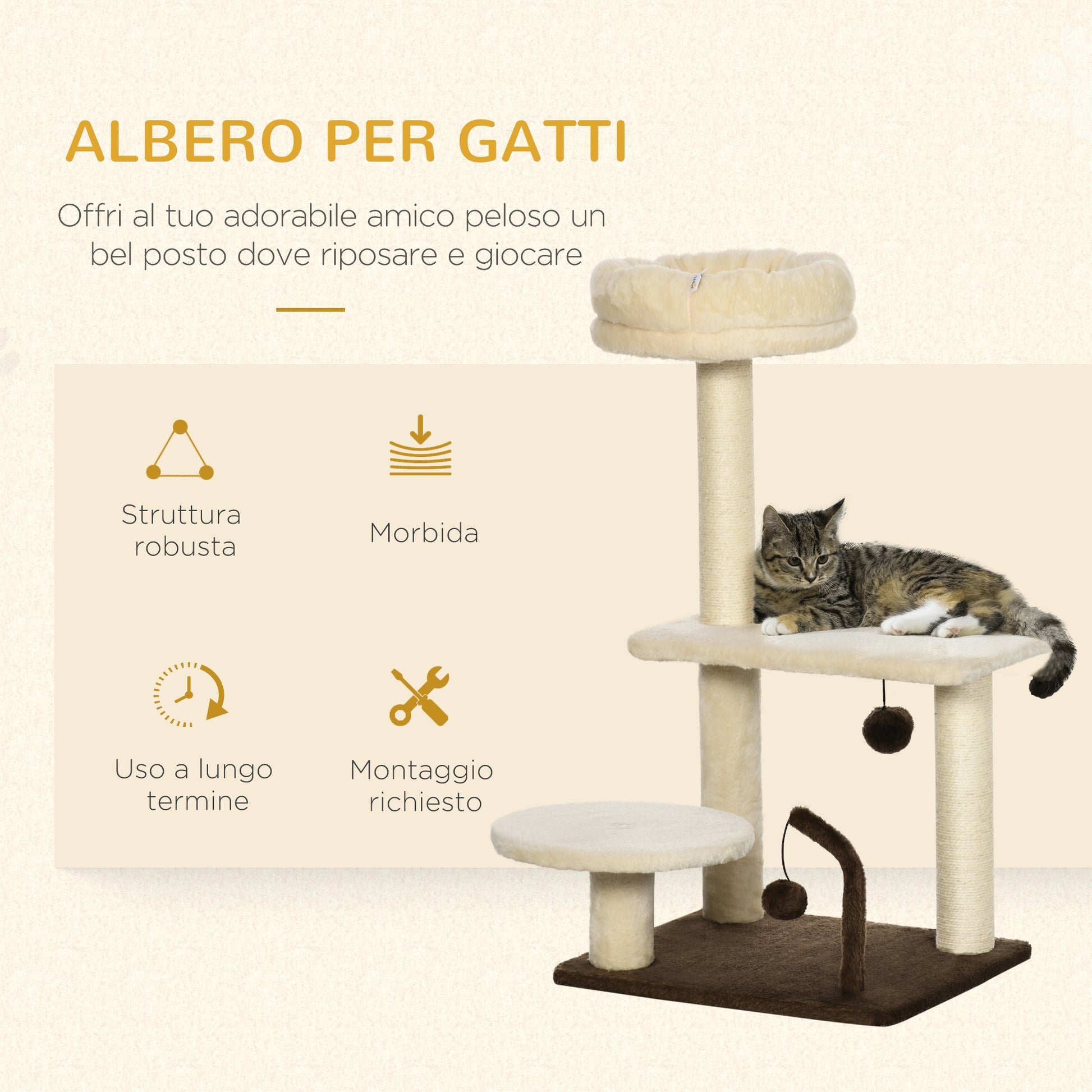 Cat Scratching Tree with Sisal Post, Perch, and Play Balls, in Particleboard and Plush, 44x38x81 cm, Beige