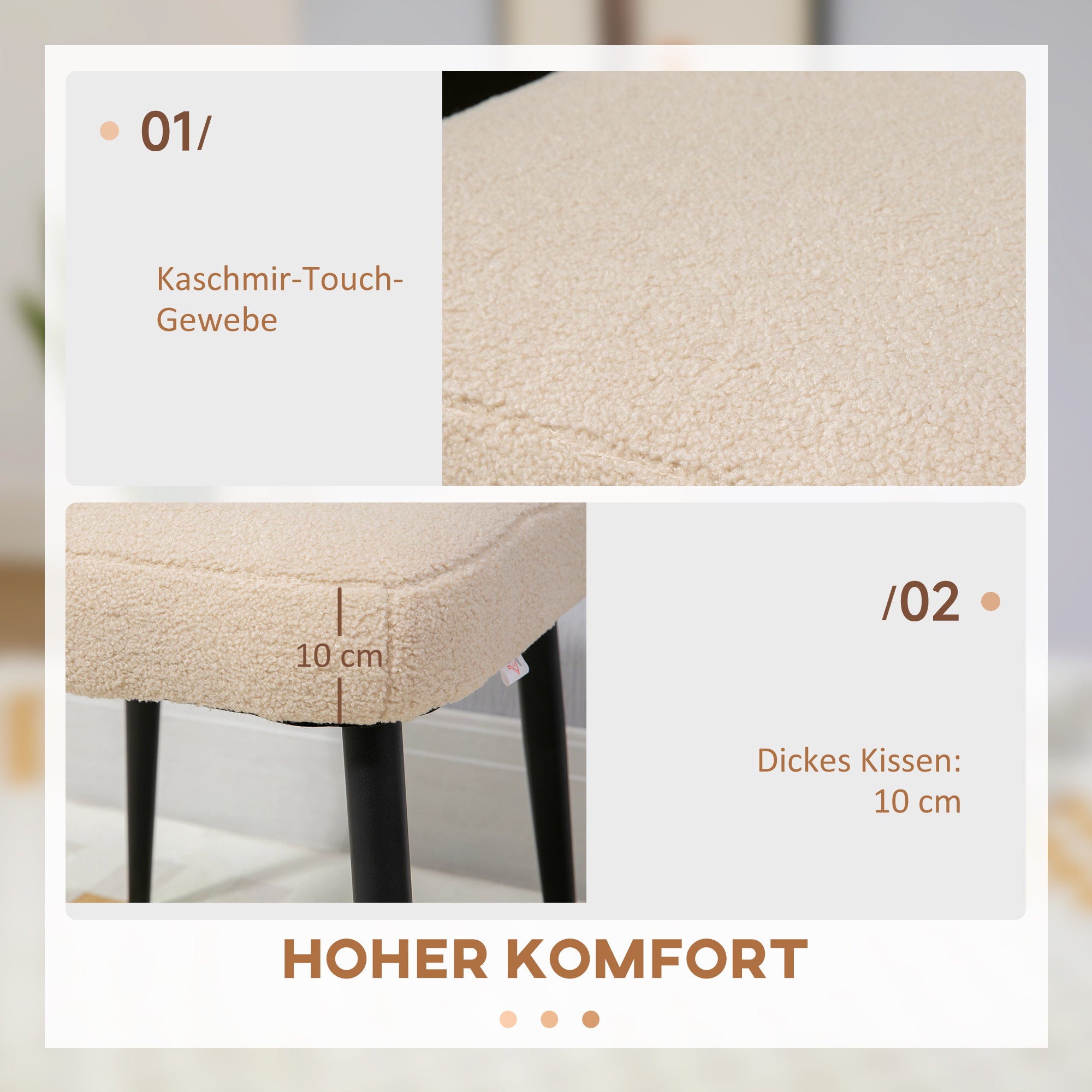 Footstool Seat Stool Square Vanity Stool Footrest with Cashmere Look, Steel Legs, for Living Room, Bedroom, Beige, 42 x 42 x 43 cm