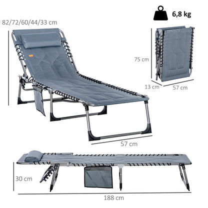 Sun Lounger, Foldable Garden Lounger with Head Pillow, Side Pocket, Sunbed with 5-Position Adjustable Backrest, Weatherproof Camping Lounger up to 130 kg Load Capacity, for Garden Beach Pool, Gray