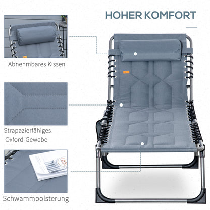 Sun Lounger, Foldable Garden Lounger with Head Pillow, Side Pocket, Sunbed with 5-Position Adjustable Backrest, Weatherproof Camping Lounger up to 130 kg Load Capacity, for Garden Beach Pool, Gray