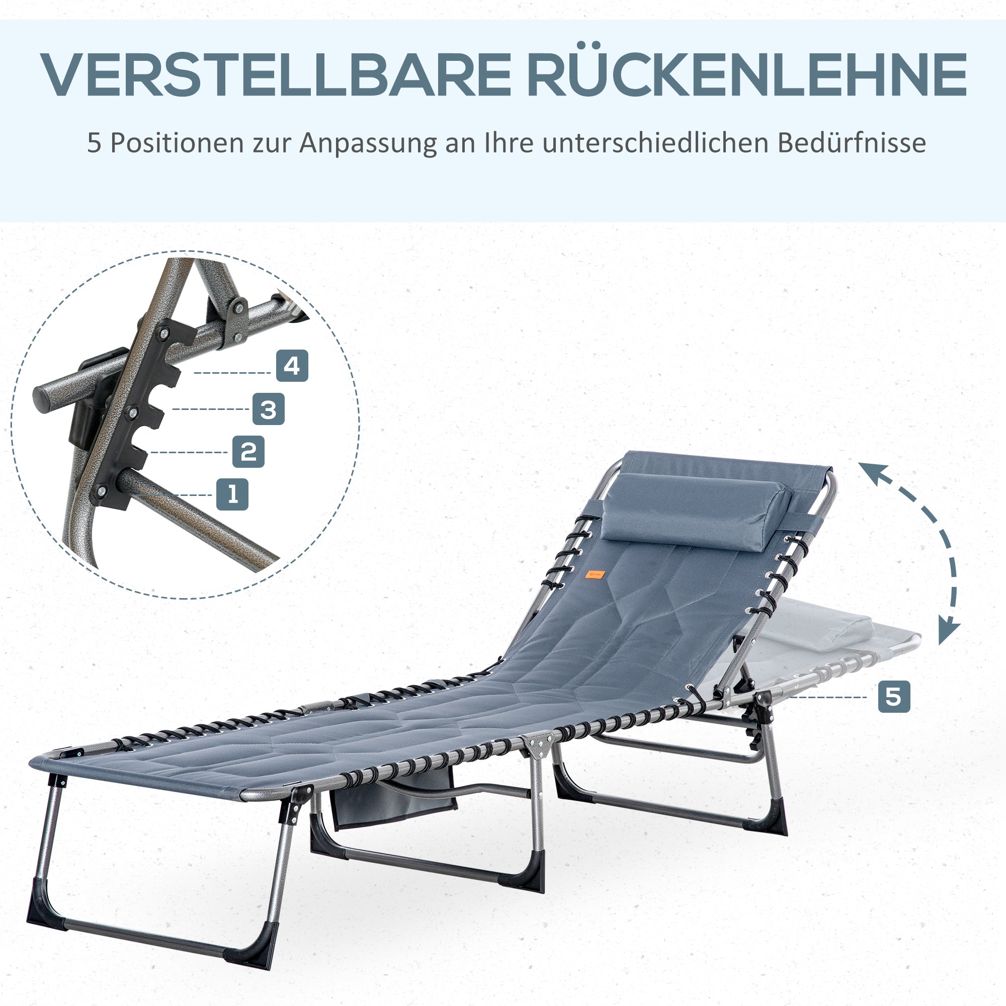 Sun Lounger, Foldable Garden Lounger with Head Pillow, Side Pocket, Sunbed with 5-Position Adjustable Backrest, Weatherproof Camping Lounger up to 130 kg Load Capacity, for Garden Beach Pool, Gray