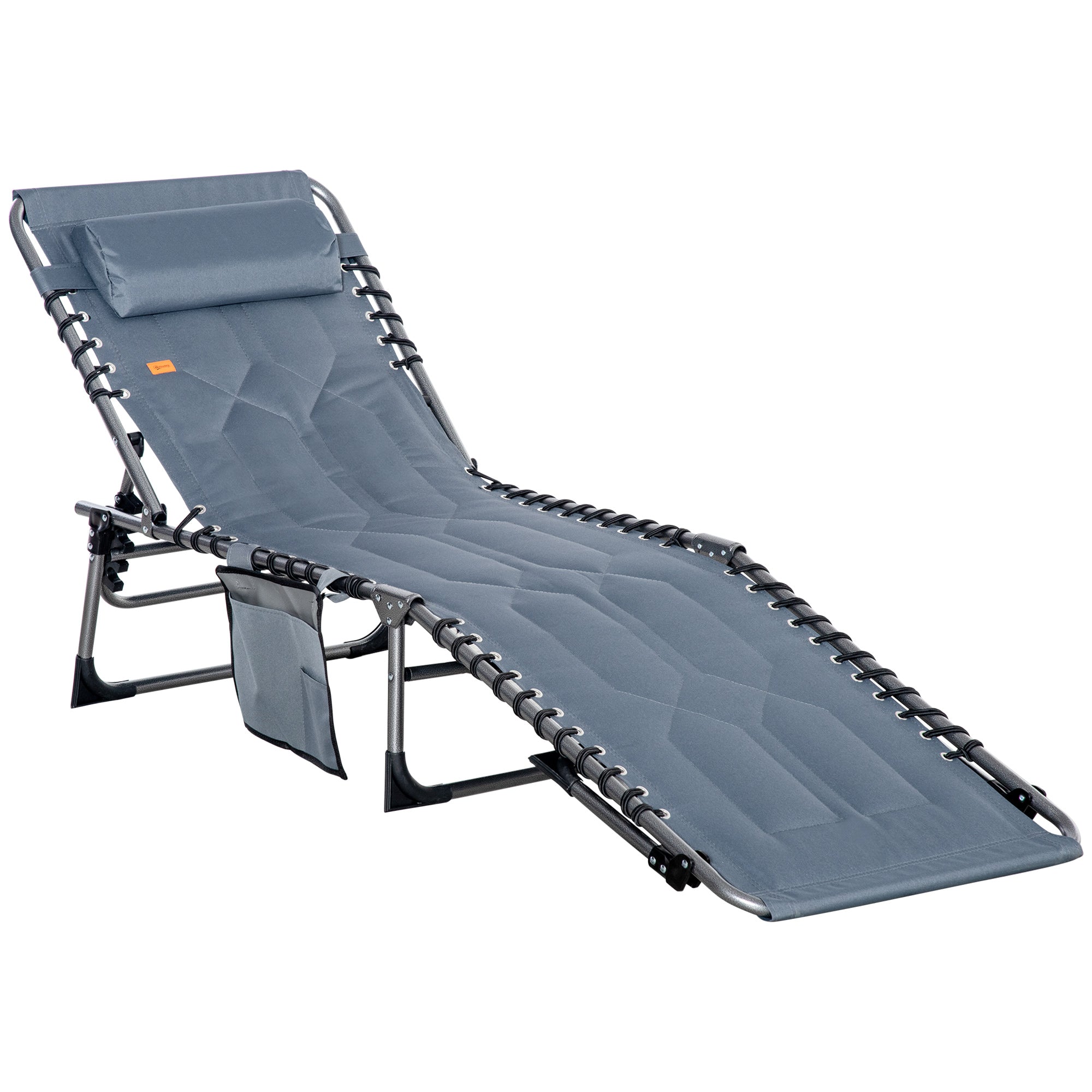 Sun Lounger, Foldable Garden Lounger with Head Pillow, Side Pocket, Sunbed with 5-Position Adjustable Backrest, Weatherproof Camping Lounger up to 130 kg Load Capacity, for Garden Beach Pool, Gray
