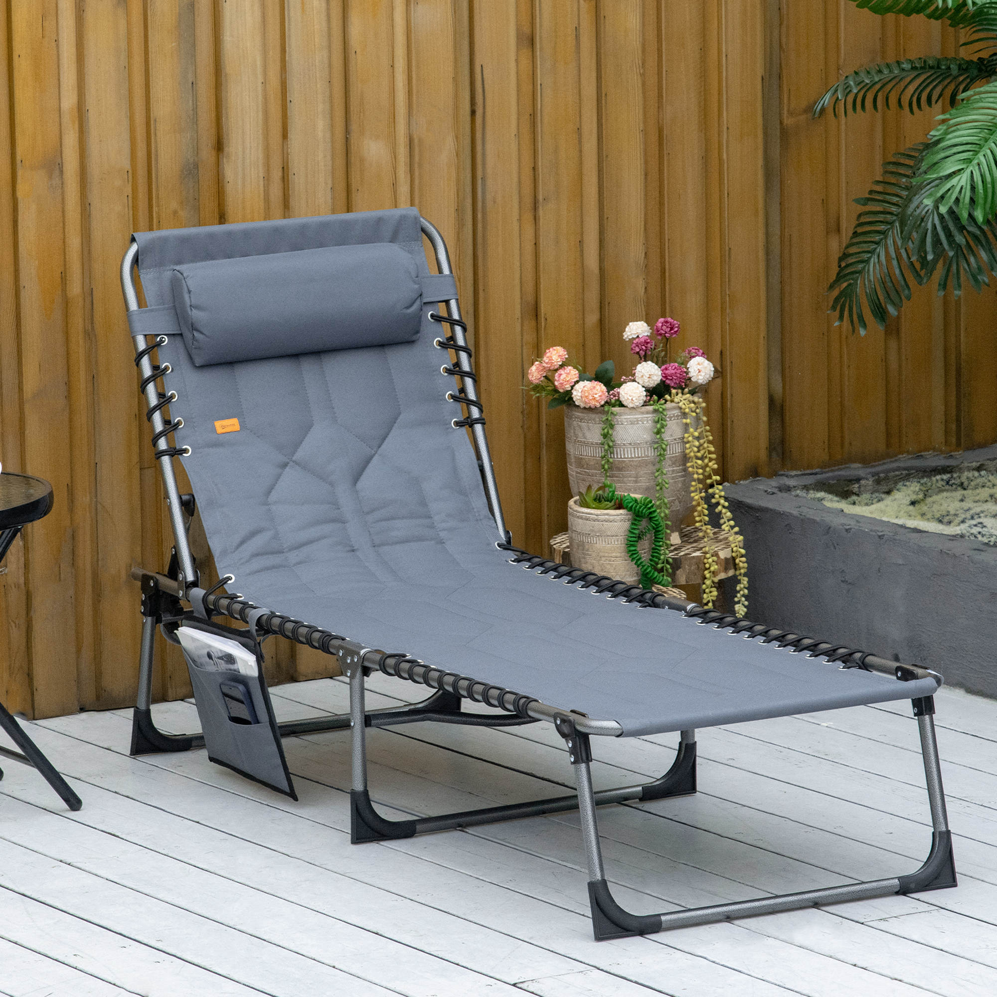 Sun Lounger, Foldable Garden Lounger with Head Pillow, Side Pocket, Sunbed with 5-Position Adjustable Backrest, Weatherproof Camping Lounger up to 130 kg Load Capacity, for Garden Beach Pool, Gray