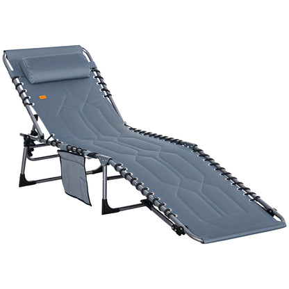 Sun Lounger, Foldable Garden Lounger with Head Pillow, Side Pocket, Sunbed with 5-Position Adjustable Backrest, Weatherproof Camping Lounger up to 130 kg Load Capacity, for Garden Beach Pool, Gray