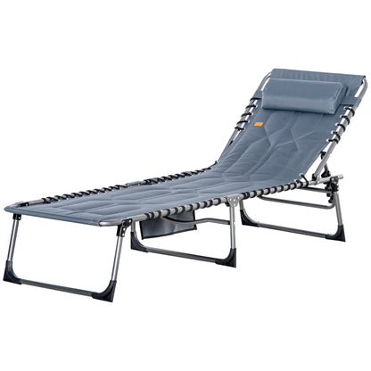 Sun Lounger, Foldable Garden Lounger with Head Pillow, Side Pocket, Sunbed with 5-Position Adjustable Backrest, Weatherproof Camping Lounger up to 130 kg Load Capacity, for Garden Beach Pool, Gray