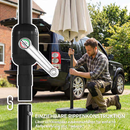 Tilt-Adjustable 9.7 ft Round Retractable Balcony/Patio Umbrella with Crank, Cross Base & Sandbag — UPF 30+, Wind-Resistant, Cream White